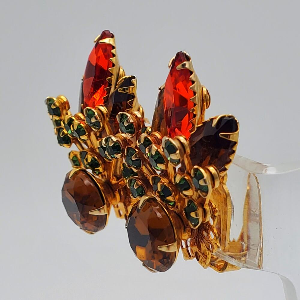 Autumn Rhinestone Clip Earrings Orange Green Topaz Floral Spray Harvest Fall Vtg - Picture 3 of 8